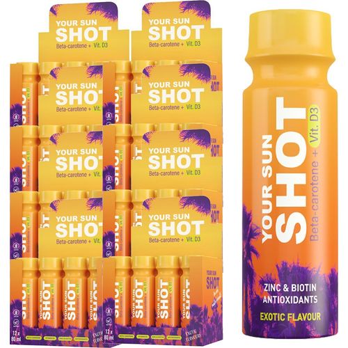 Your Sun Shot Vitamin D3 Bräunungsdrink Exotic Flavour 80 ml – 96er Pack, mit Aloe Vera & Vitaminen A, C, E, unterstützt gleichmäßige Bräune, für Sonne & Solarium