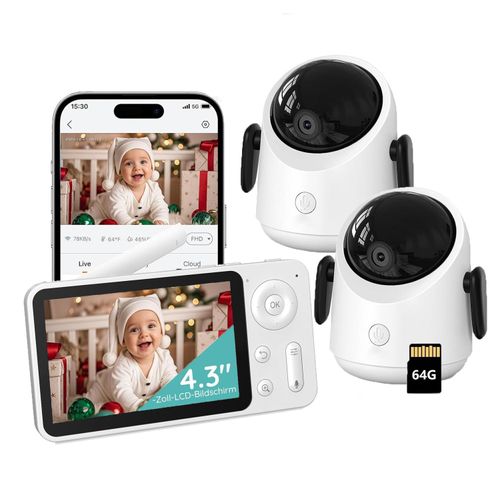 Babyphone mit 2 Kameras 360° WLAN 2MP Video Babyfon mit App 4×Zoom Bewegungsverfolgung IR Nachtsicht Weinen/Bewegungs/Geräuscherkennung mit 64G