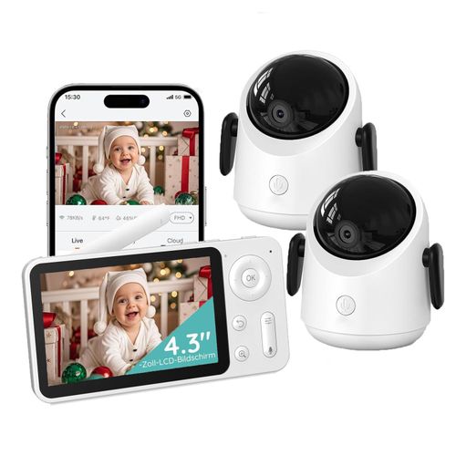 Babyphone mit 2 Kameras 360° WLAN 2MP Video Babyfon mit App 4×Zoom Bewegungsverfolgung IR Nachtsicht Weinen/Bewegungs/Geräuscherkennung