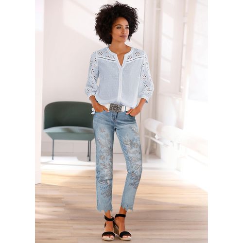 Spitzenbluse HEINE, Damen, Gr. 44, blau (hellblau), 100% Baumwolle, unifarben, V-Ausschnitt, Blusen Spitzenbluse