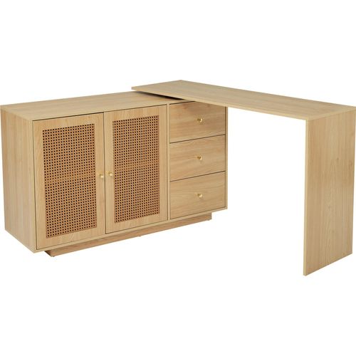 Schreibtisch, L-förmiger Ecktisch, Computertisch mit Rattantüren, Frisiertisch, weiß 126 cm