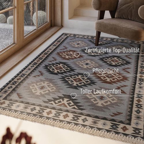 Wollteppich GREEN LOOOP "Blancard", blau (hellblau), B:240cm H:5mm L:340cm, Wolle, Teppiche, Wollteppich, Fransen, Kelim, handgewebt, Natur, Wohnzimmer, Schlafzimmer, Ethno