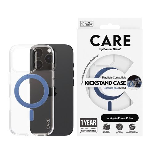 CARE BY PANZERGLASS Handyhülle "MagSafe Compatible Kickstand Case für iPhone 16 Pro", blau, iPhone 16 Pro, Hüllen, Backcover, Schutzhülle, Handyschutzhülle, Case, Schutzcase, stoßfest, Handyhülle