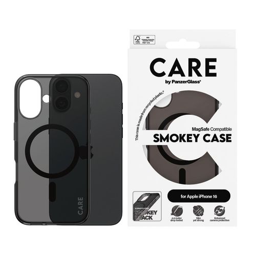CARE BY PANZERGLASS Handyhülle "Smokey Case für Apple iPhone 16", schwarz (transparent, schwarz), B:11cm H:2cm T:19,5cm, Hüllen, Backcover, Schutzhülle, Handyschutzhülle, Case, Schutzcase, stoßfest, Handyhülle