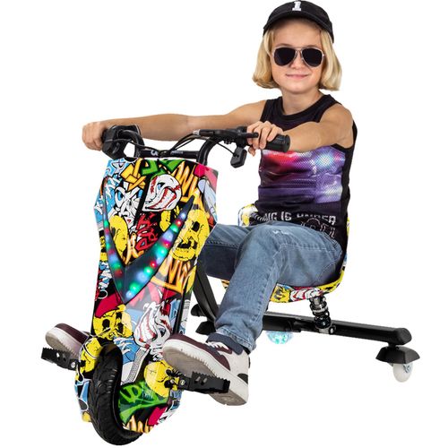 Kinder Elektro Drift Trike | Drift Scooter - Drift Cart - Bis zu 15km/h - LED Driftrollen 360° - Hupe - 3 Geschwindigkeitsstufen (Gelb Graffiti)