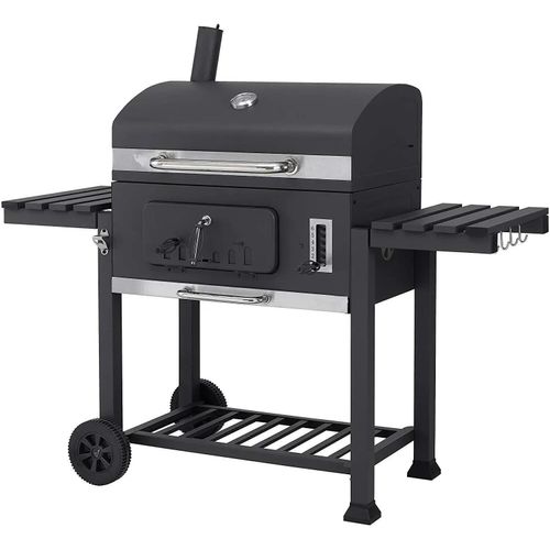 Holzkohlegrill - BBQ Offset-Smoker - Edelstahl - Mit Abdeckung - Seiten- & Bodenablage - Verstellbare Lüftung - Trolley mit Rädern - Flaschenöffner