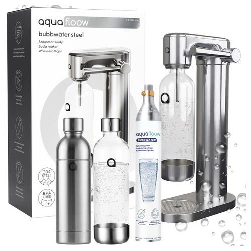Aquafloow Edelstahl Bubbwater Sprudler – Set mit 2 Flaschen 0,8L und CO2 Zylinder für Sprudelwasser zu Hause