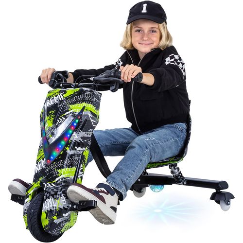 Kinder Elektro Drift Trike | Drift Scooter - Bis zu 15km/h - LED Driftrollen 360° - Hupe - Drosselbar (Grün Polo)