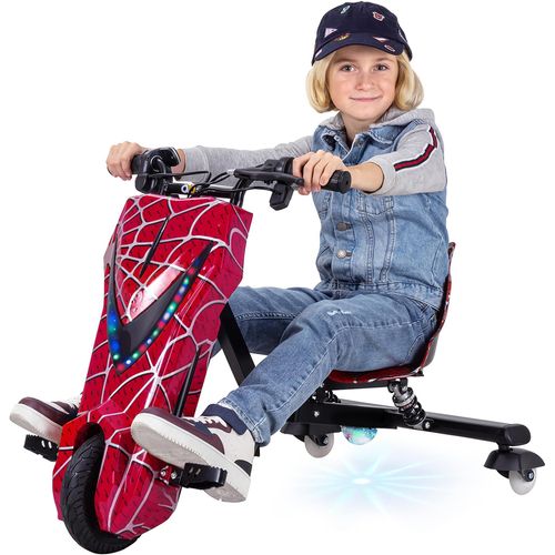 Kinder Elektro Drift Trike | Drift Scooter - Bis zu 15km/h - LED Driftrollen 360° - Hupe - Drosselbar (Rot)
