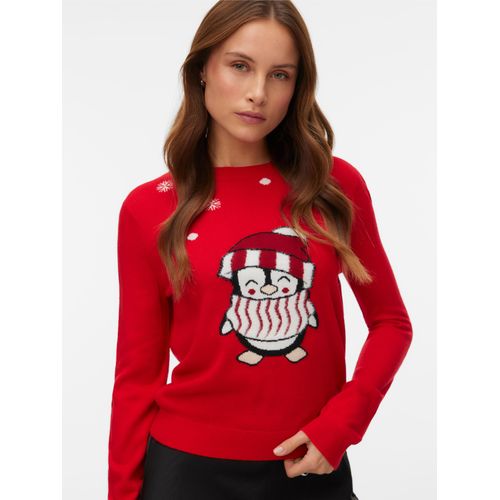 Weihnachtspullover VERO MODA "VMCUTE LS O-NECK PULLOVER XMAS BOX", Damen, Gr. M, chinese rot detail:with birch, schwarz (penguin), Strick, Obermaterial: 100% Polyacryl, gemustert, Rundhals, Pullover Weihnachtspullover