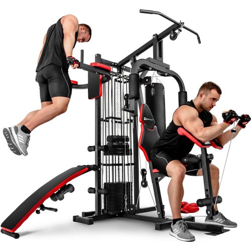 Hop-Sport HS-1054K Kraftstation für Zuhause - Fitnessstation mit 3 Stationen + 72 kg, inkl. Boxsack, Boxhandschuhe und Kurzhanteln (2x1,5kg)