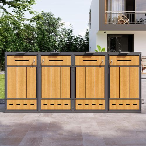 Flieks Mülltonnenbox 2st, Mülltonnenschrank mit für 4 Tonnen 120–240L, Müllbox mit Türen und Schlössern, 264x80x118cm, Grau