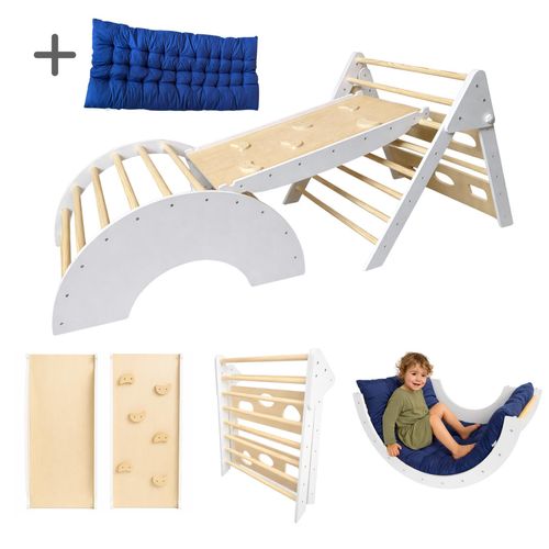 Dastium Kids 4 in 1 XXL Indoor Klettergerüst aus Holz mit Kletterdreieck, Kletterbogen, Rampe und Kissen - Weiß
