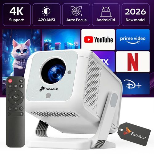 LED Smart Beamer Android 14 420 ANSI 4K Full HD 130 Zoll Bild Autofokus WLAN 6 Bluetooth 5.4 5W Lautsprecher Miracast Airplay Miniprojektor Reagle