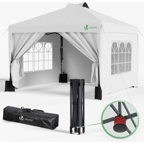 VOUNOT® Pavillon 3x3m Pop Up Faltpavillon mit 4 Seitenteilen und 4 Sandsäcke, Weiß