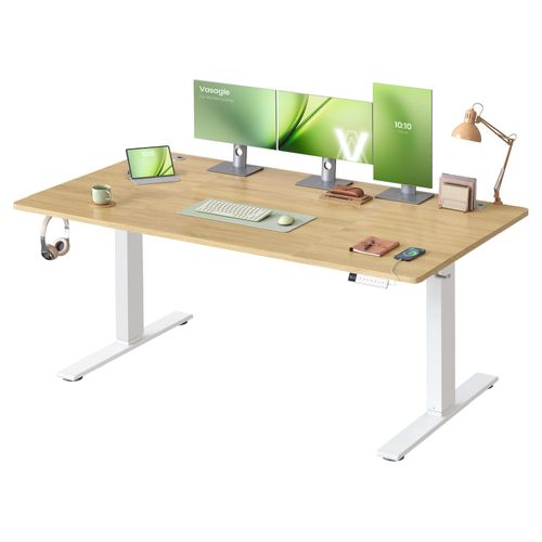 VASAGLE Höhenverstellbarer Schreibtisch, 160 cm, USB-C-Anschluss, Ablage für Steckdosenleiste, Erinnerung bei langem Sitzen, 3 Speichertasten