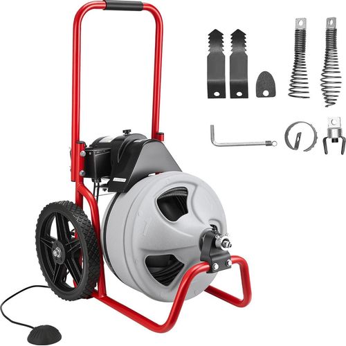 Rohrreinigungsmaschine/Abflussreinigungsmaschine - Reinigungsspirale 9,5 mm x 22 m - Manueller Vorschub - Pneumatischer Fußschalter - 6 Schneidköpfe - Für Rohre Ø 50–100 mm