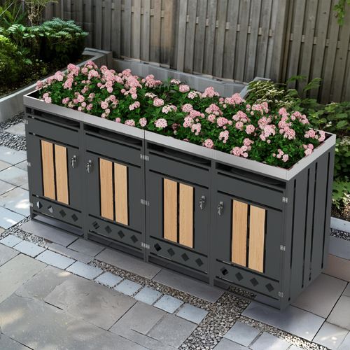 Flieks Mülltonnenbox 2er, Müllbox mit Pflanzdach und Schloss, Mülltonnenschrank für 4 Tonnen 120-240L, 264x80x124.5cm, Grau