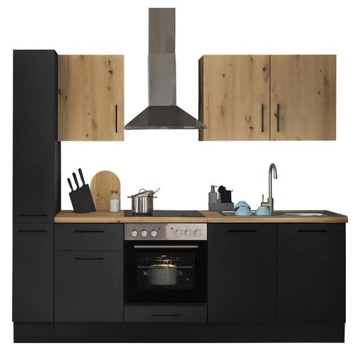 Küchenzeile TURIN - schwarz matt Woodprint - Artisan Eiche - mit E-Geräten - Edelstahlspüle - 240 cm