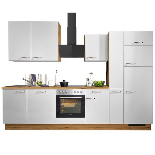 pino Küchenblock PN80 - lichtgrau - Evoke Eiche - mit E-Geräten - Kühlschrank rechts - 310 cm