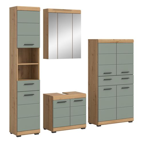 4-teilige Badkombination SCOUT - Salbei - Artisan Eiche - Spiegelschrank - 186 cm