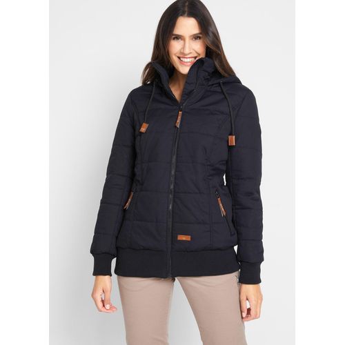 bonprix Outdoorjacke mit Lederimitat-Details, schwarz, Gr.46, Bequeme Steppjacke mit Kapuze, Rippbündchen und Reißverschlusstaschen, gefüttert, 100% Baumwolle