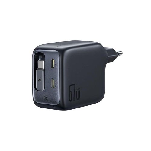 Baseus EnerCore CJ11 67W Wall Charger with Two USB-C Ports and Retractable USB-C Cable - Black