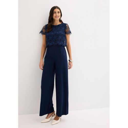 bonprix Jumpsuit aus softem Scuba mit Spitze, blau, Gr.44, Kurzärmliger Jumpsuit mit Spitze und weitem Bein