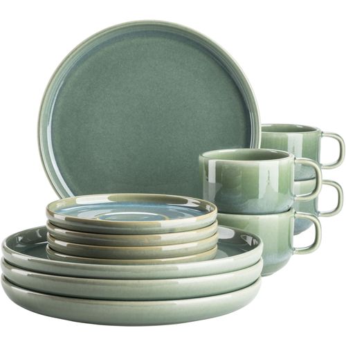 Kaffeeservice MÄSER "ELINA UNO, aus Steinzeug", grün, 12 Stk., Steinzeug, Geschirr-Sets, Kaffeeservice, Geschirr-Set, Service