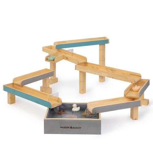 Muddy Buddy Wasserbahn, Grau, Natur, Petrol, Holz, Zypresse, massiv, EN 71, FSC 100%, Spielzeug, Holzspielzeug