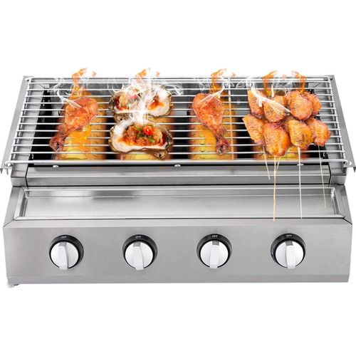4-Flammen Gasgrill Edelstahl Tragbarer Gastrobräter Höhenverstellbar Bräter für Outdoor BBQ Picknick Camping Home Use
