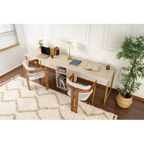 Skye Decor, Twin Study Desk - Travertine, Gold, Schreibtische, Travertin, 240 x 74 x 60 cm