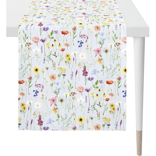 Tischläufer APELT "6815 SPRINGTIME, Frühjahrsdeko, Frühling", bunt (hellblau, bunt), B:48cm L:140cm, Baumwolle, Polyester, Tischdecken, Digitaldruck, mit Frühjahrsblüten, wie auf einer Streublumenwiese