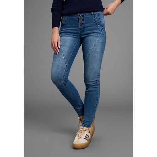 Skinny-fit-Jeans BRUNO BANANI, Damen, Gr. 46, N-Gr, blau (dunkelblau us), Denim/Jeans, Obermaterial: 76% Baumwolle, 16% Polyester, 7% Viskose, 1% Elasthan, unifarben, Basic, extraeng lang, Jeans, extraenger Schnitt, normale Leibhöhe, mit Gesäß- und Eingrifftaschen