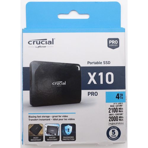 Crucial X10 Pro 4TB Externe SSD Festplatte, bis zu 2100MB/s Lesen und 2000MB/s.