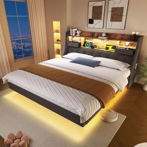 MODFU Polsterbett 140 x 190 cm schwebender Look LED-Stimmungslicht Kopfteil mit USB und Type-C Stauraumfach Leinen grau ohne Matratze
