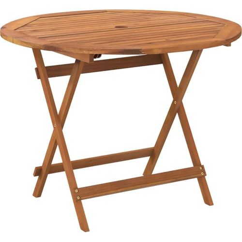 Klappbarer Gartentisch, für Außenbereich, aus massivem Akazienholz, geölt, Ø 90 x 75 cm (Durchmesser x Höhe), mit 5 cm Lochdurchmesser
