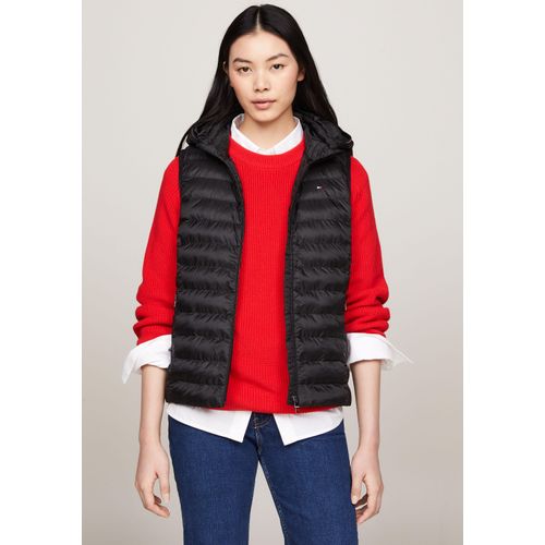 Steppweste TOMMY HILFIGER "LW PADDED GLOBAL STRIPE VEST", Damen, Gr. XXL (44), schwarz, Web, Obermaterial: 100% Polyester, unifarben, Basic hüftlang, Westen Steppweste, abnehmbare Kapuze, Übergangsweste
