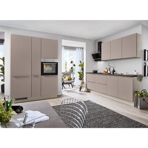 IMPULS Küchenblock - cappuccino - kieselgrau - Kühlschrank links - mit E-Geräten