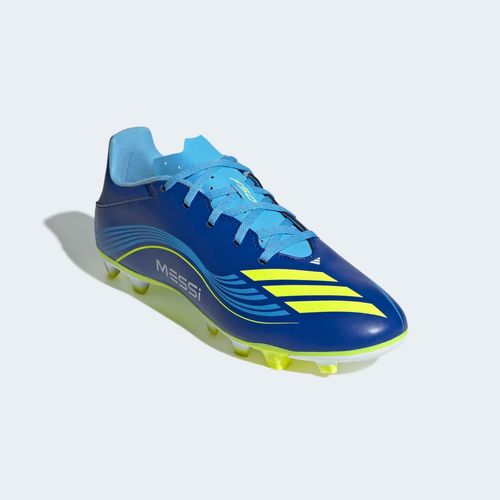 Fußballschuh ADIDAS PERFORMANCE "F50 MESSI CLUB FÜR HART- UND ASCHENPLÄTZE", Damen, Gr. 45, royal blau, solar gelb, semi blau burst, Synthetik, Schuhe Fußballschuh, geeignet für Rasen- und Kunstrasenplätze