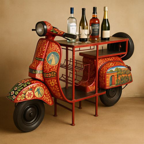 Bartisch SIT, rot, bunt, schwarz, B:170cm H:105cm T:65cm, Metall, Altholz, Tische, Bartisch, aus einem recycelten Roller