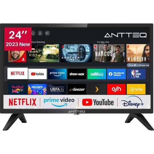 AntteQ AV24H3 Fernseher 24 Zoll (60 cm) Smart TV mit Netflix, Prime Video, Rakuten TV, DAZN, Disney+, YouTube, UVM, WiFi, Triple-Tuner DVB-T2 / S2 / C