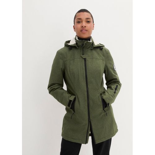 bonprix wasserdichte Funktions-Outdoor-Longjacke mit Teddyfleece, grün, Gr.38, Winddichte Regenjacke mit abnehmbarer Kapuze, Teddyfleece im Kragen und in der Kapuze, aus Fleece
