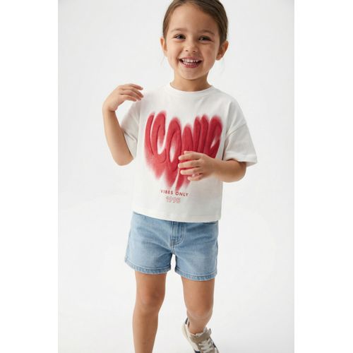T-Shirt KIDS ONLY "KOGPHINE LIFE SS SHORT PRINT TEE ZA JRS", Mädchen, Gr. 146/152, cloud dancer print:iconic, Jersey, Obermaterial: 100% Baumwolle, bedruckt, relaxed fit kurz, Rundhals, Shirts T-Shirt, Baumwolle, relaxed fit