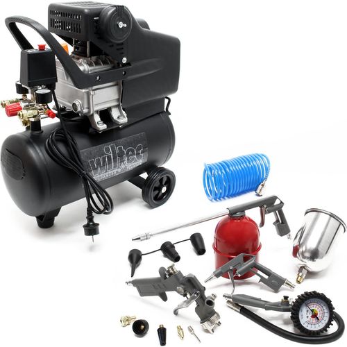 Wiltec Druckluftkompressor 24L mit 13-tlg. Werkzeugset für Druckluft Luftkompressor Druckluftpistole Reifenfüller Sprühpistole