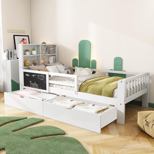 Kinderbett mit Mehrfunktionen, Schubladen & Tafel, ohne Matratze, weiß, 90x200 cm