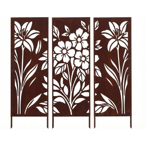Kapaga - SET Sichtschutz Metall 3x mit Blumen - 160 cm x 50 cm - Edelrost - Rostoptik Sichtschutz für Garten - Sichtschutzelement - Sichtschutzwand