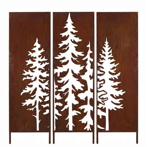 SET Sichtschutz Metall 3x mit Drei-Bäume-Motiv - 160 cm x 50 cm - Edelrost - Rostoptik Sichtschutz für Garten - Sichtschutzelement - Sichtschutzwand