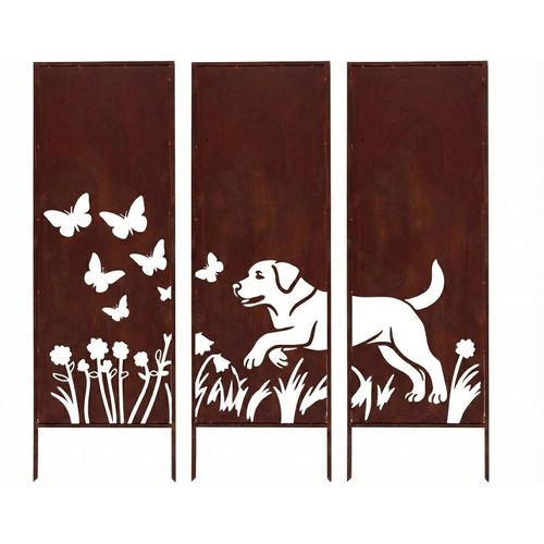 SET Sichtschutz Metall 3x mit Hundemotiv - 160 cm x 50 cm - Edelrost - Rostoptik Sichtschutz für Garten - Sichtschutzelement - Sichtschutzwand