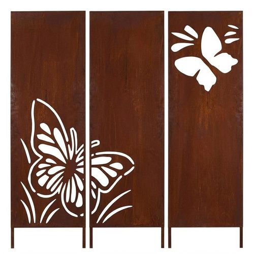 Kapaga - SET Sichtschutz Metall 3x mit Schmetterlingen - 160 cm x 50 cm - Edelrost - Rostoptik Sichtschutz für Garten - Sichtschutzelement - Sichtschutzwand